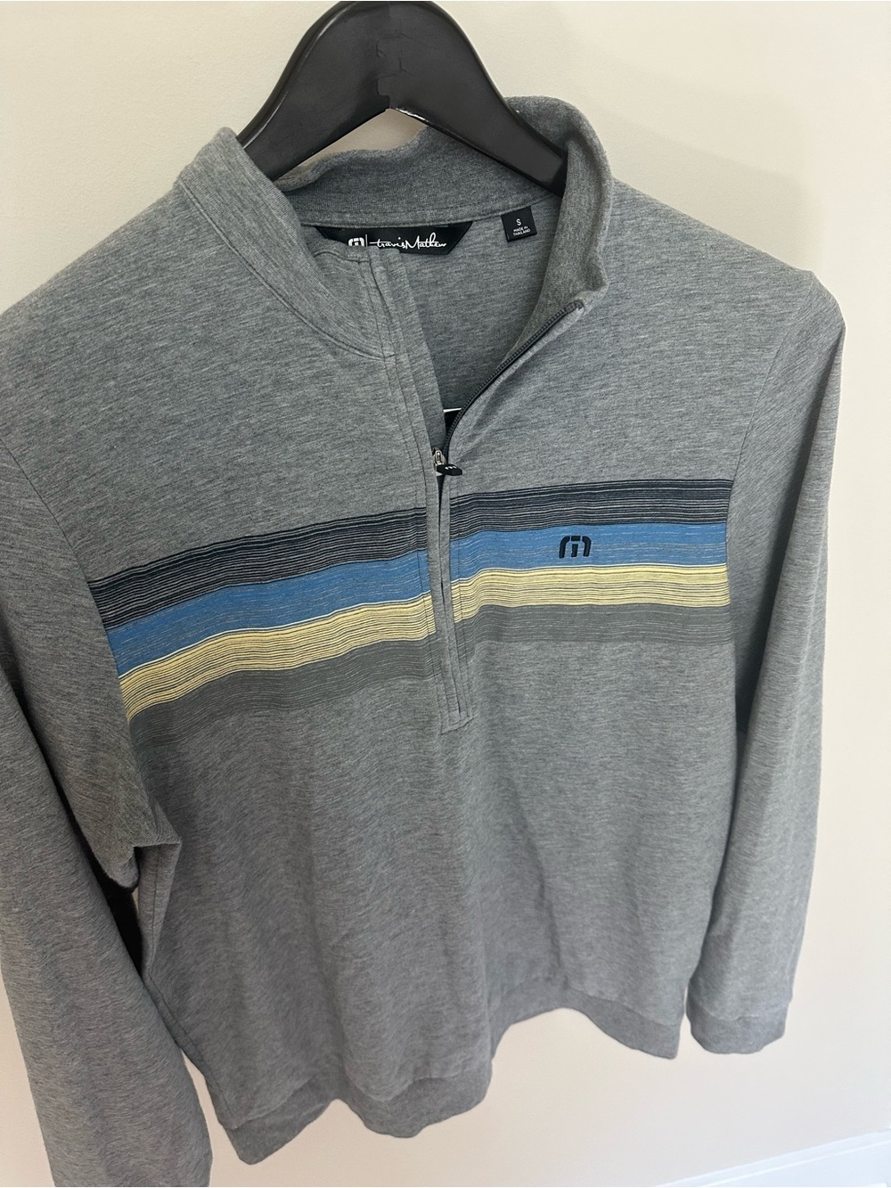 Travis Mathew Gray Quarter-Zip Pullover with Blue & Yellow Stripes